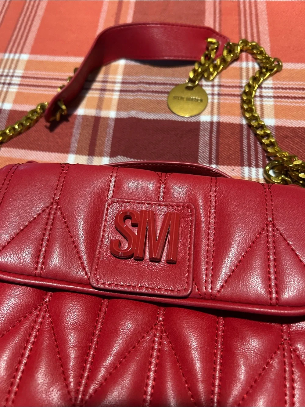 Steve Madden Red Quilted Crossbody Bag with Gold Chain Strap